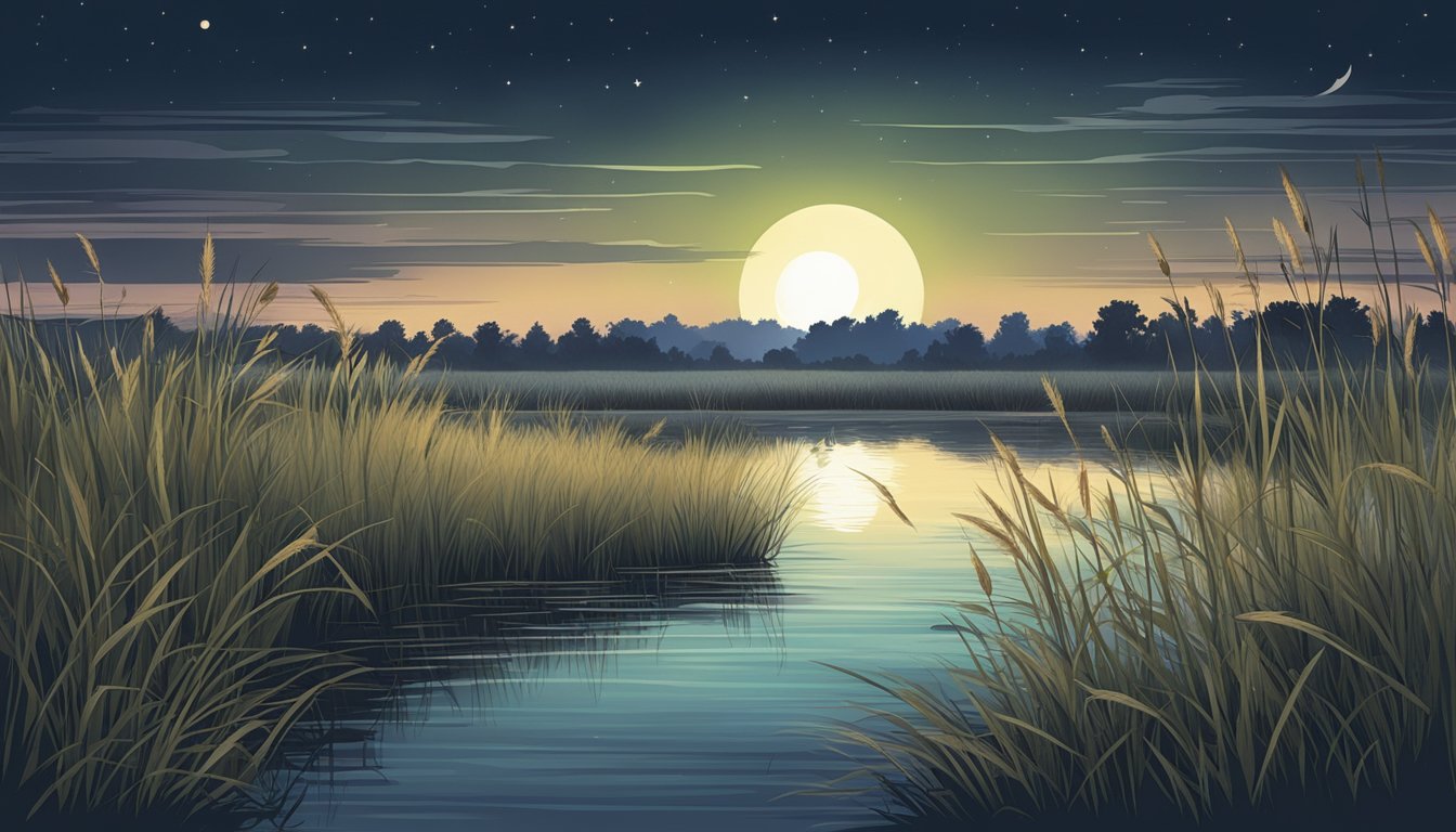 A moonlit marsh with tall grasses and a clear night sky, perfect for snipe hunting