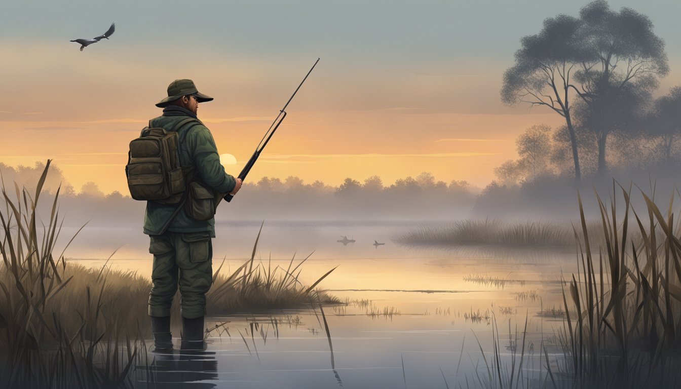 A misty marsh at dawn, with a hunter's gear laid out: decoys, camouflage, and a shotgun. The hunter stands nearby, scanning the horizon