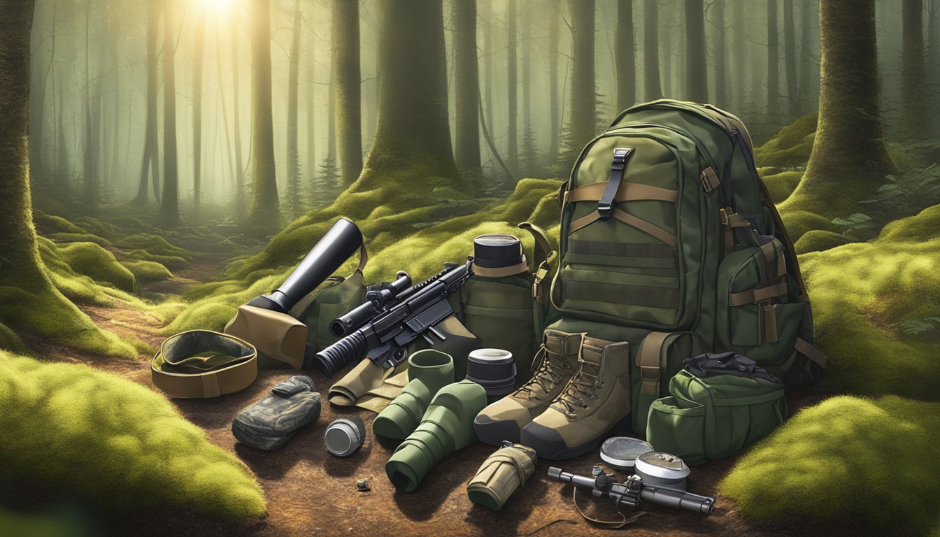 A hunter's backpack, rifle, and camouflage gear laid out on a mossy forest floor, with the sun peeking through the trees