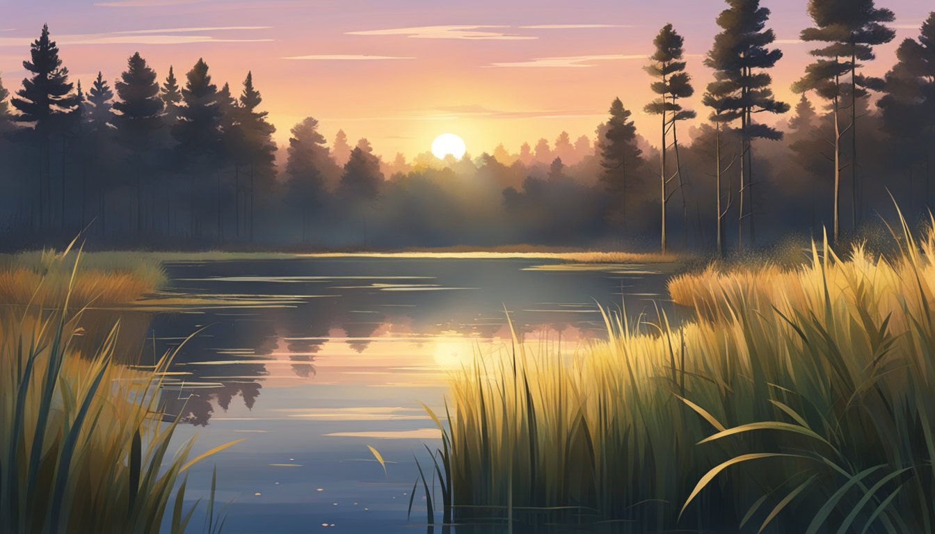 A forest clearing at sunset, with tall grass and a small pond. The sky is clear and the air is cool, perfect for snipe hunting