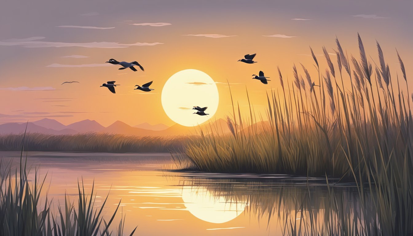 The sun sets behind a marshy wetland, as a group of snipe take flight in the cool, calm evening air