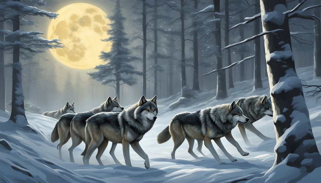 A pack of wolves prowls through a snowy forest under a full moon. Their keen senses are heightened in the crisp, cold air, making it the best weather for hunting