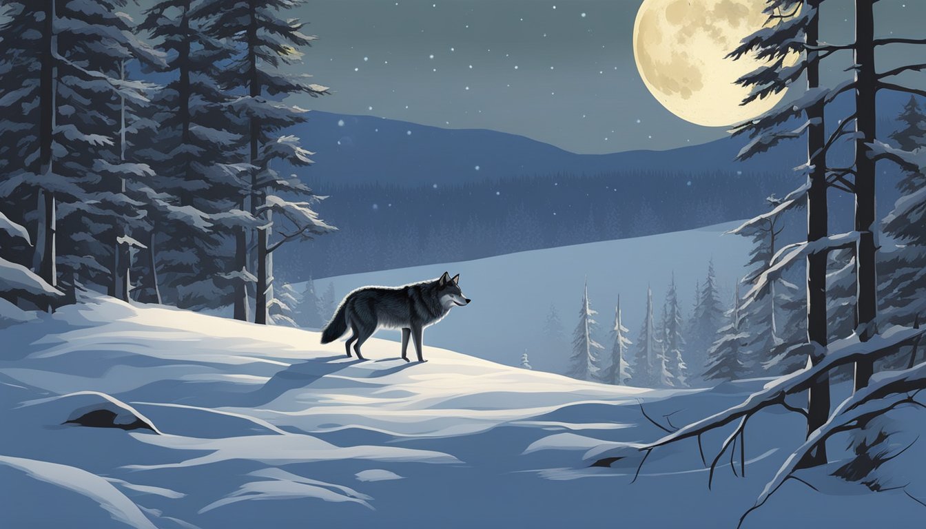 A lone wolf prowls through a snowy forest, the moon casting an eerie glow on the landscape. The cold air carries the scent of prey, making it the perfect weather for wolf hunting