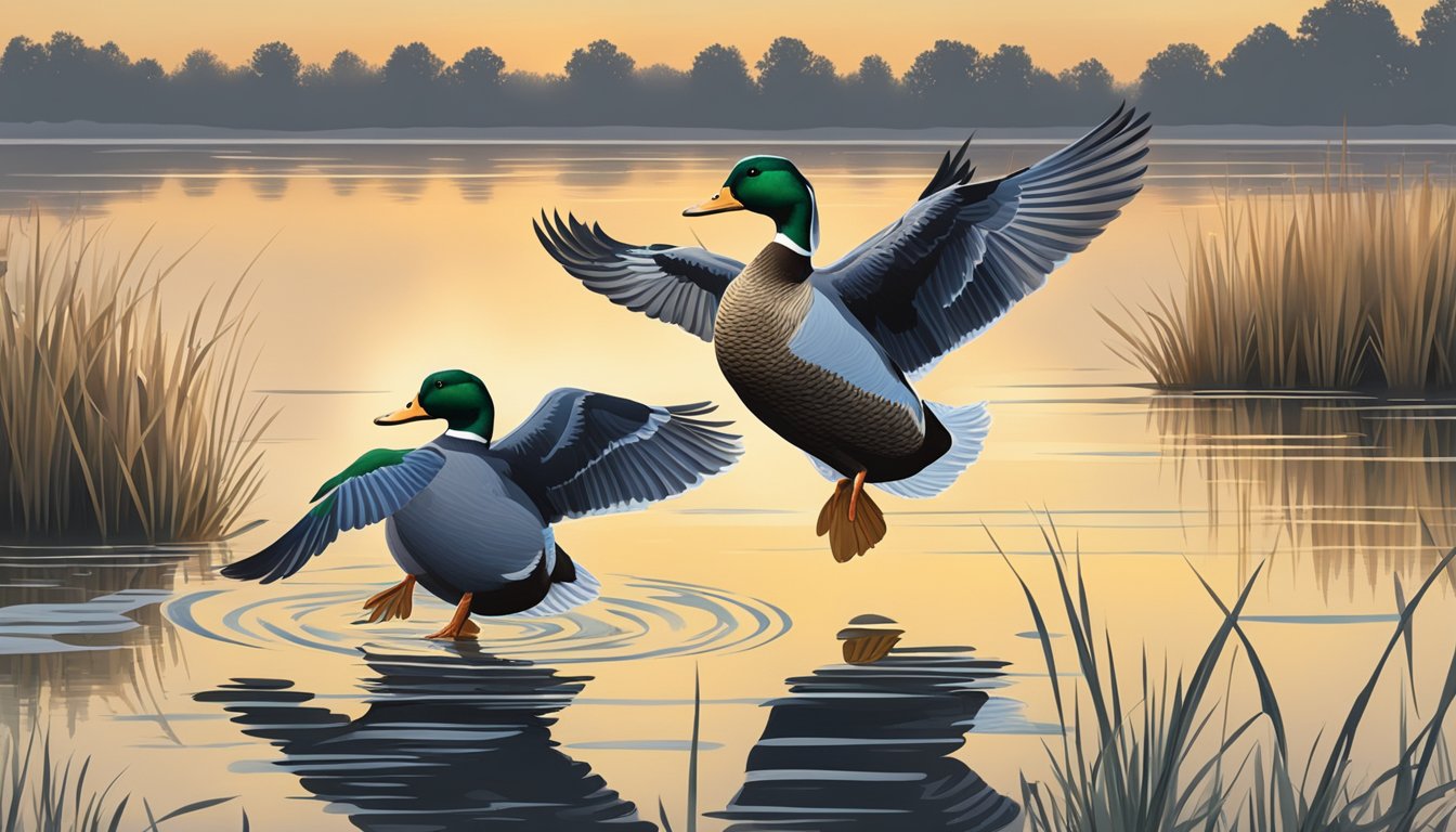 Mallard ducks landing in a calm marsh at dawn