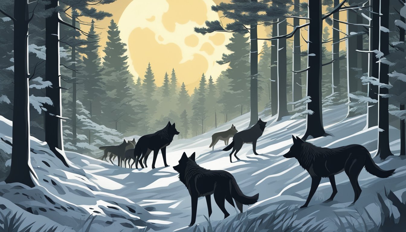 A dense forest with a full moon illuminating the clearing, casting shadows as a pack of wolves stealthily prepare for the hunt