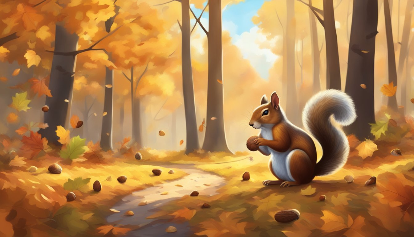 A sunny autumn day in a dense forest, with vibrant leaves on the trees and scattered acorns on the ground. A family of squirrels scurrying around, gathering food for the winter