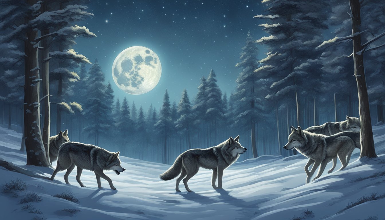 A moonlit forest clearing with a pack of wolves on the prowl, under a starry sky with a light dusting of snow