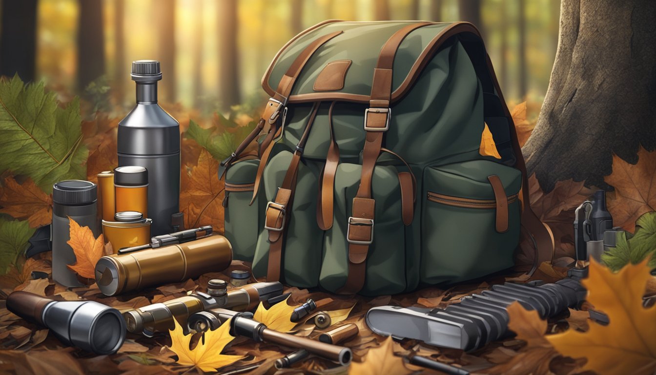 A hunter's backpack with a rifle, ammunition, and hunting gear laid out on the forest floor, surrounded by fallen leaves and dappled sunlight