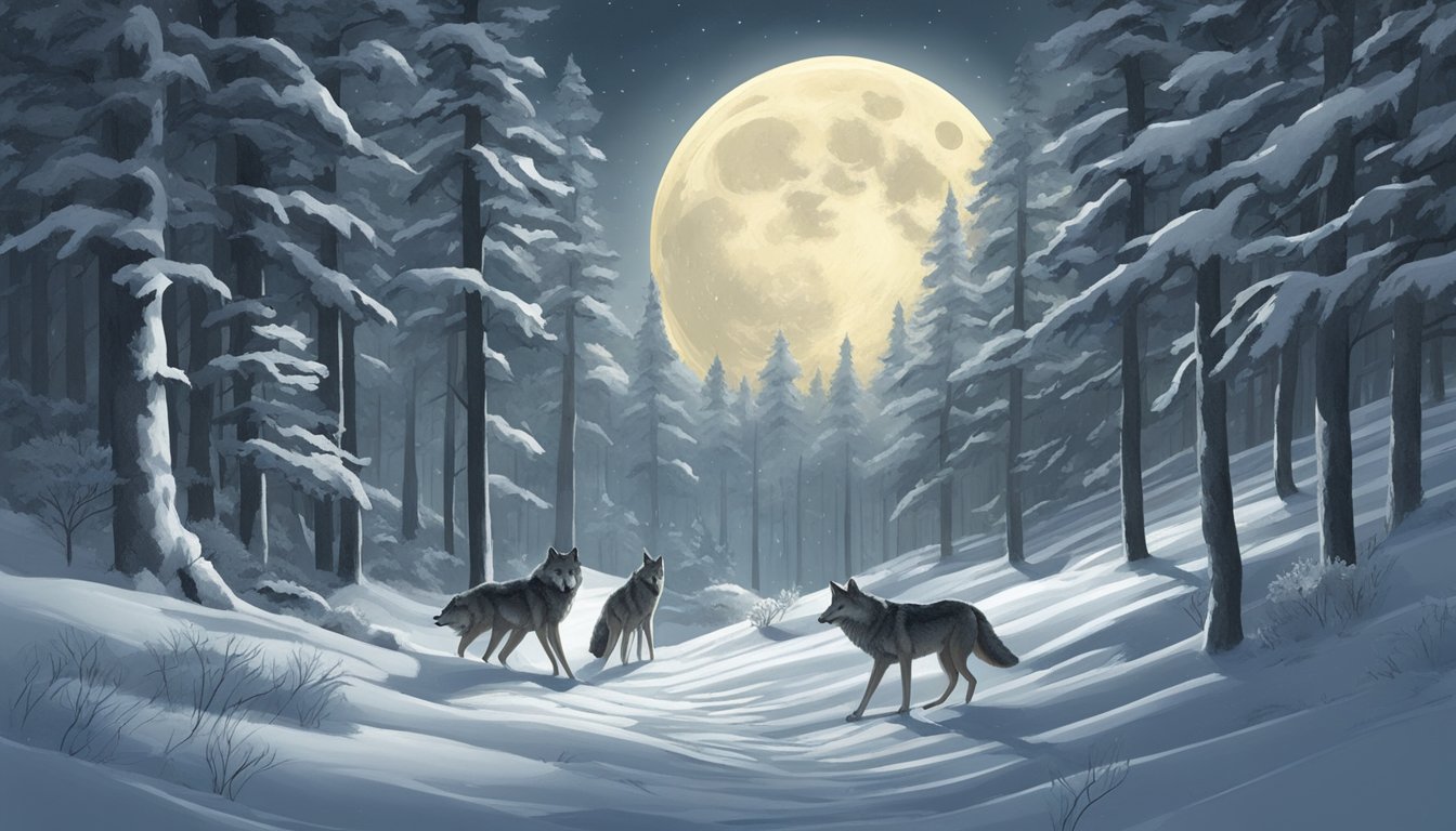 A snowy forest with a full moon casting a silvery glow, a pack of wolves prowling through the trees, their breath visible in the cold air