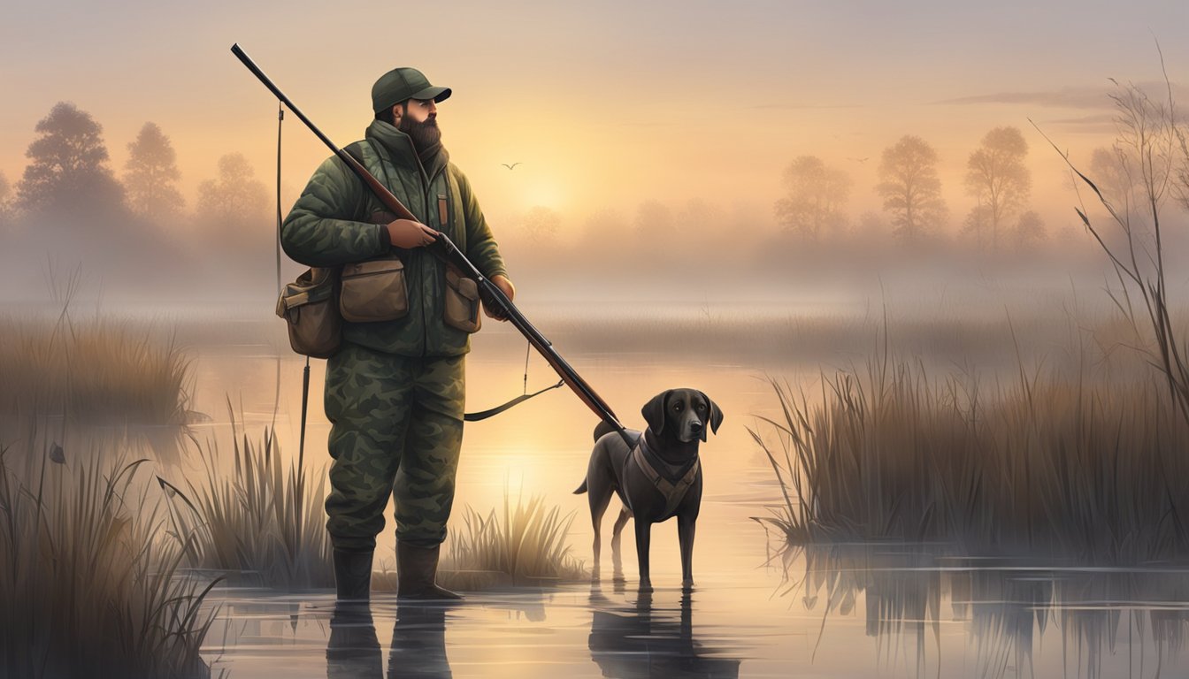 A hunter in camouflage waders and a waterproof jacket sets up decoys in a foggy marsh at dawn, with a shotgun and hunting dog at the ready