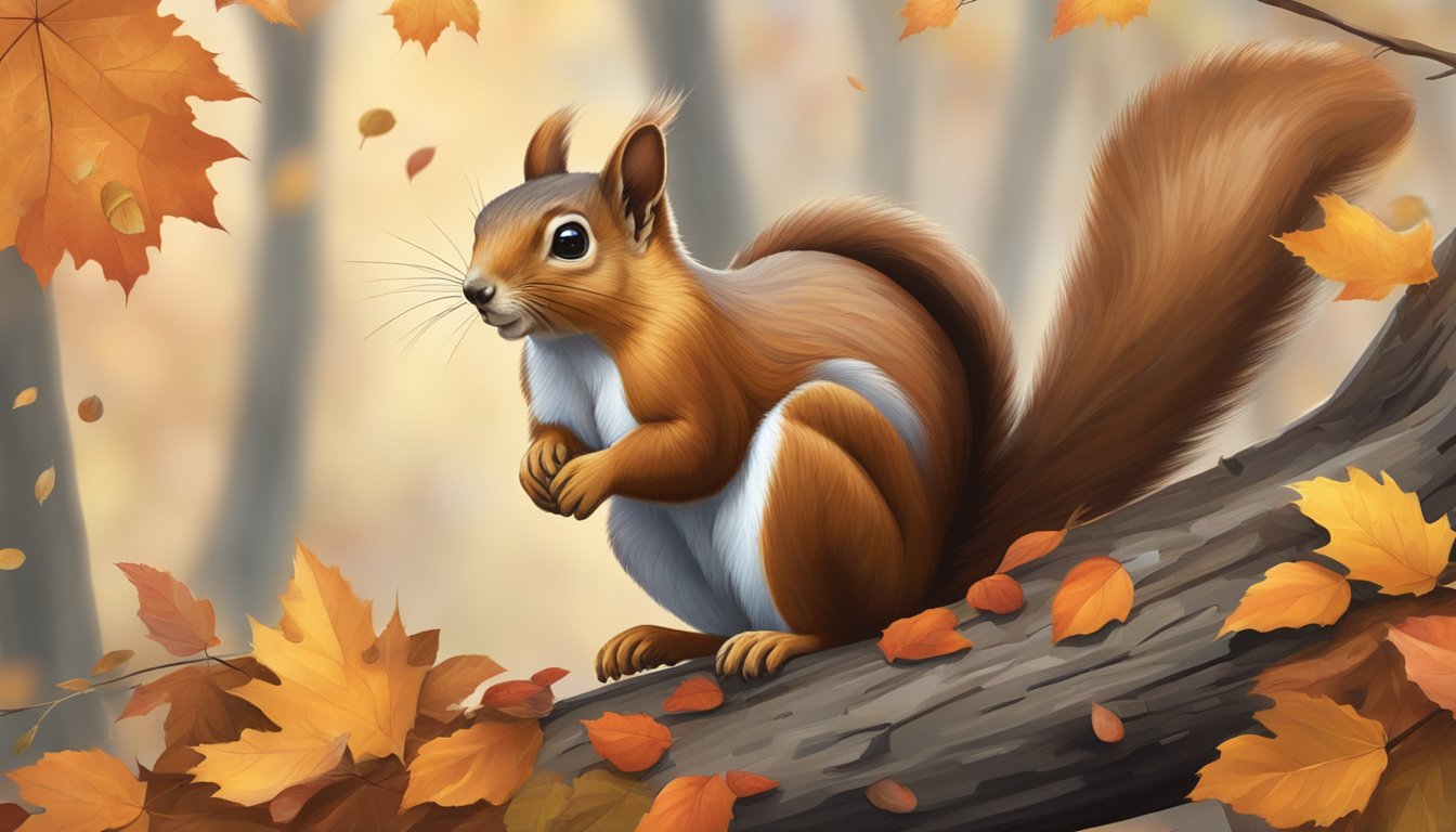 A squirrel perched on a branch, surrounded by fallen leaves, with a hunter crouched nearby, camouflaged in the autumn foliage