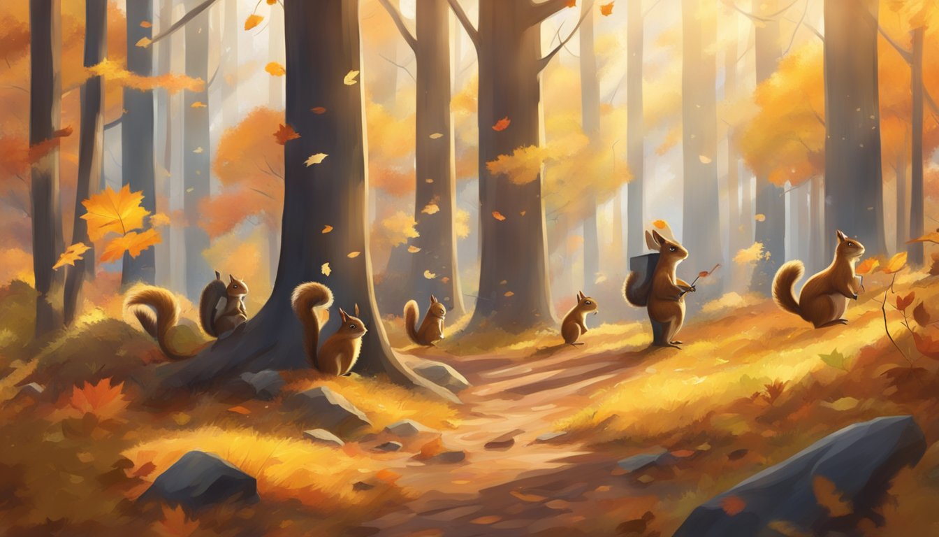 A sunny autumn day in the forest, with colorful leaves falling and squirrels scurrying about, as hunters check their schedules and consult legal guidelines