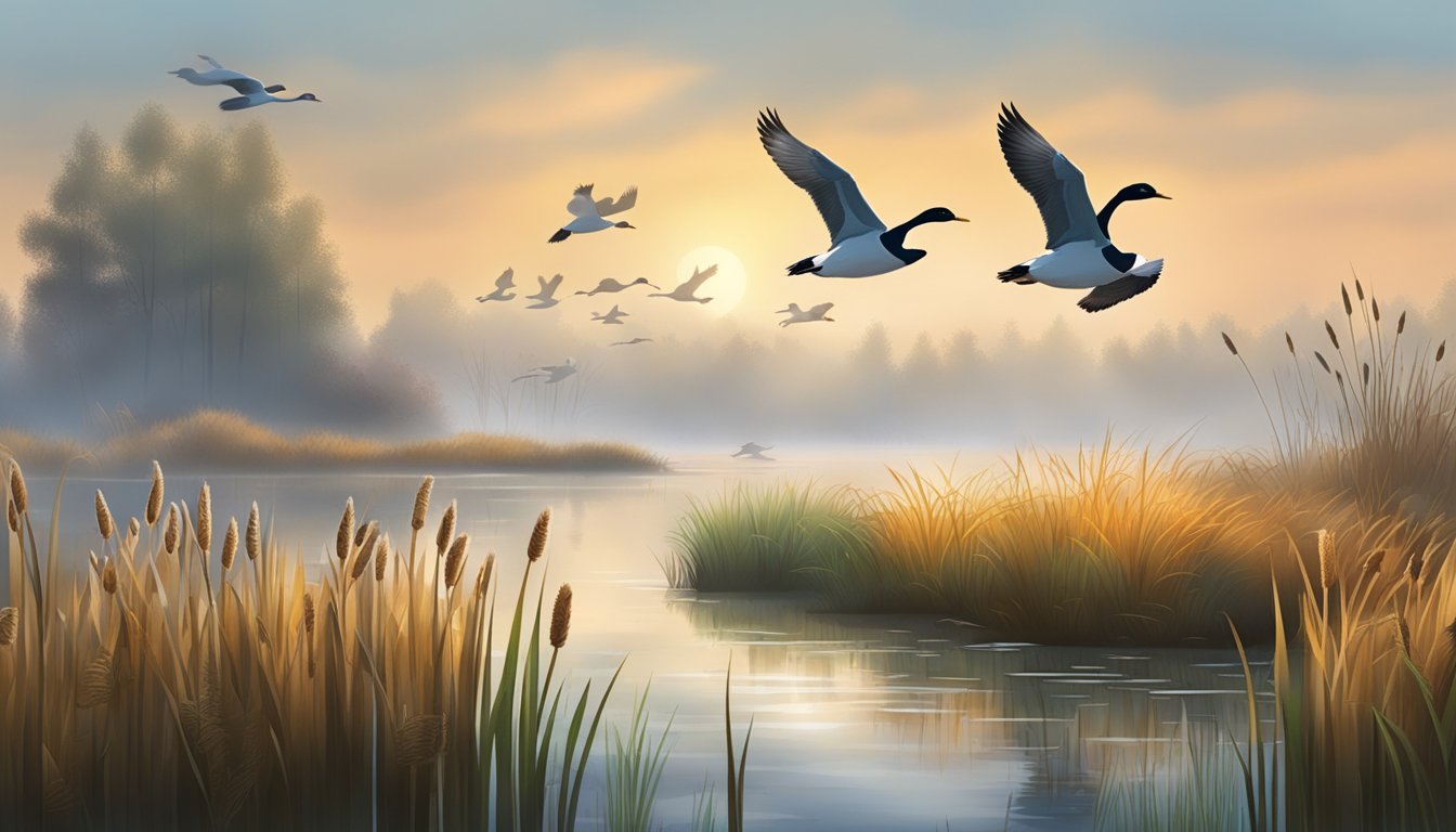 A misty morning marsh with ducks and geese flying low over the water, surrounded by cattails and reeds