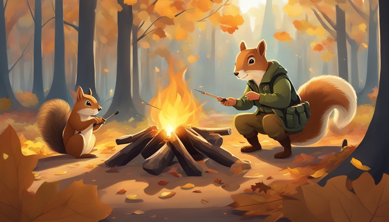 A sunny autumn day in a wooded area. A hunter dresses a squirrel while another prepares a campfire. Leaves cover the ground