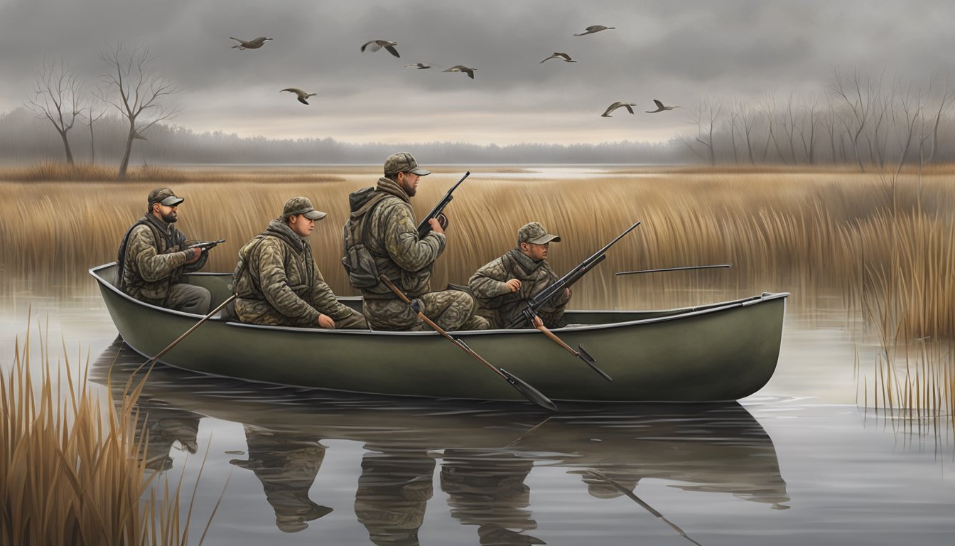 A group of waterfowl hunters set up decoys and blinds in a marshy wetland on a calm, overcast morning. They use duck calls and camouflage to support their hunting techniques