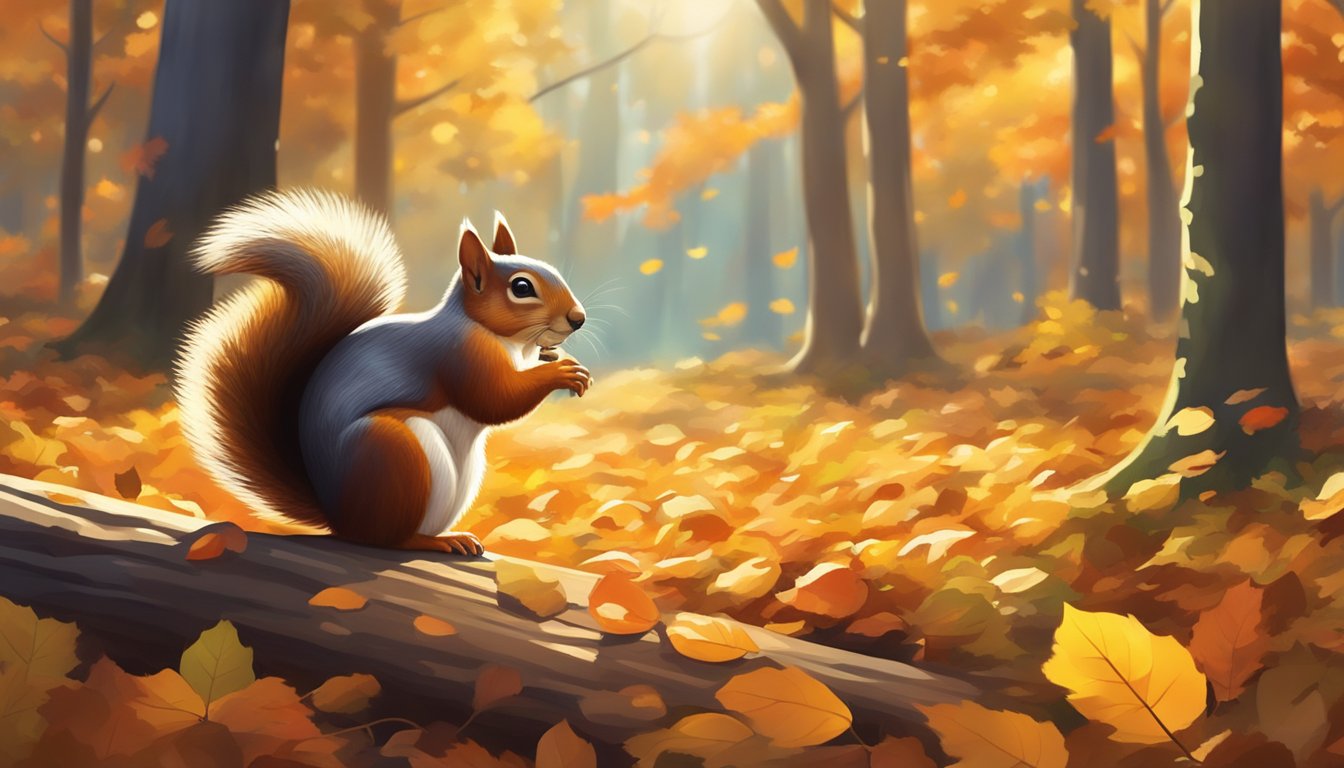 A bright, crisp autumn day with golden sunlight filtering through the colorful leaves of the forest, creating a perfect backdrop for squirrel hunting