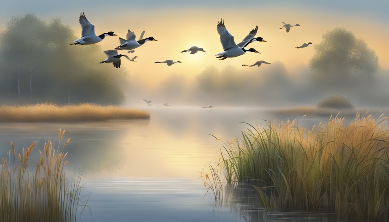 A misty morning on a calm lake, surrounded by tall grasses and reeds, with ducks and geese flying overhead