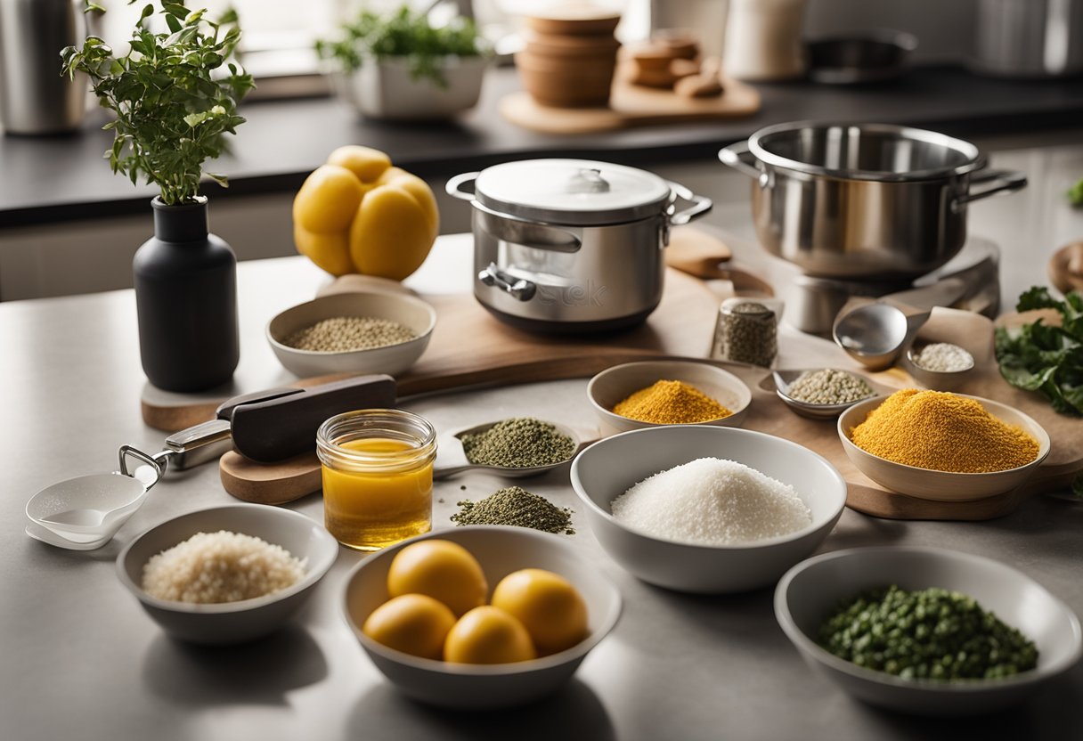 Uma cena de cozinha simples com três ingredientes dispostos em uma bancada limpa, cercados por utensílios e ferramentas de medição.