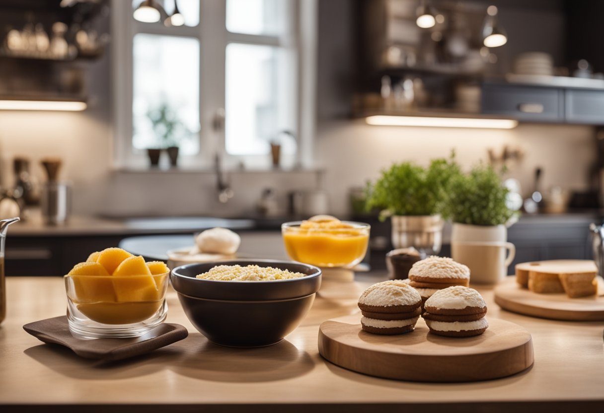 Uma bancada de cozinha simples com três ingredientes dispostos para receitas de sobremesas rápidas