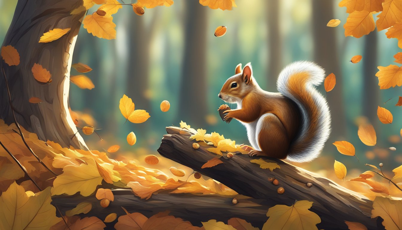 A sunny forest clearing with scattered fallen leaves and a few acorns, with a squirrel perched on a tree branch, poised for hunting