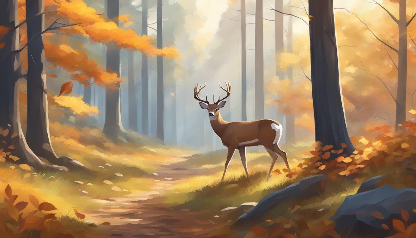 A crisp autumn morning in a dense forest, with colorful leaves falling and a gentle breeze. A majestic white-tailed deer cautiously grazing in a clearing