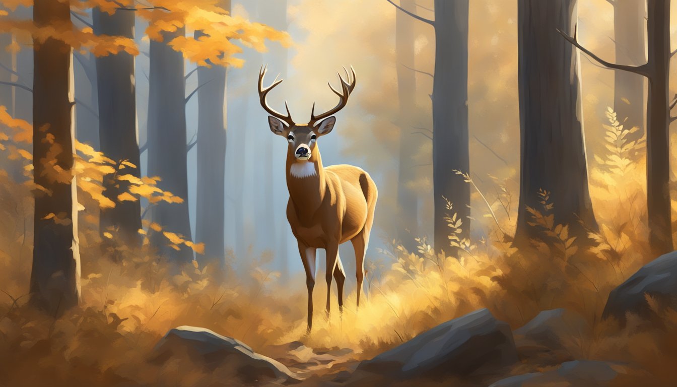 A majestic white-tailed deer stands alert in a dense forest, bathed in the soft golden light of a crisp autumn morning