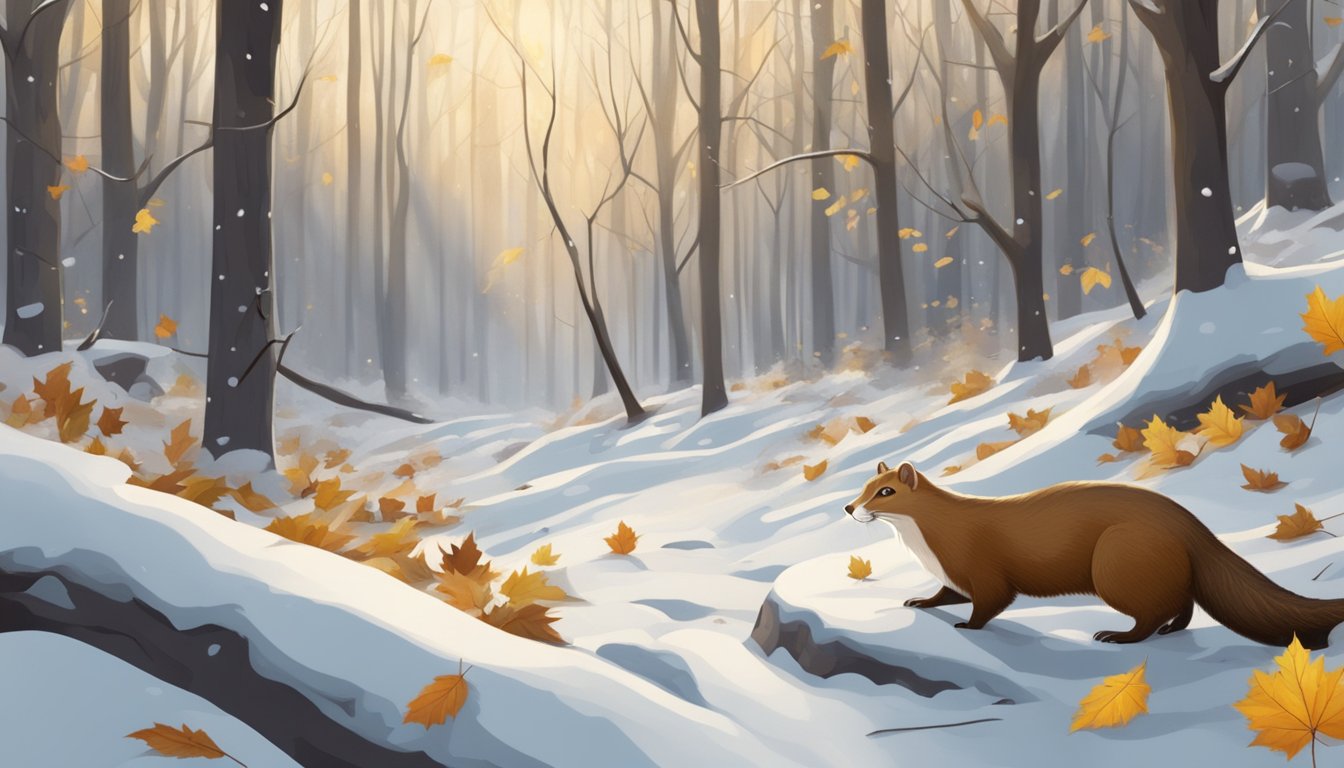 A snowy forest clearing with a weasel hunting for prey among fallen leaves and bare branches