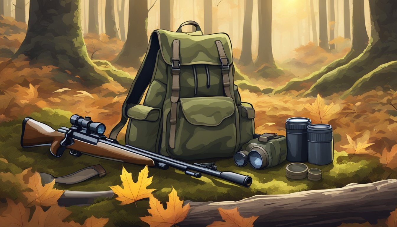 A hunter's backpack with a camouflage pattern, a shotgun, and a pair of binoculars laid out on a mossy forest floor on a sunny autumn day