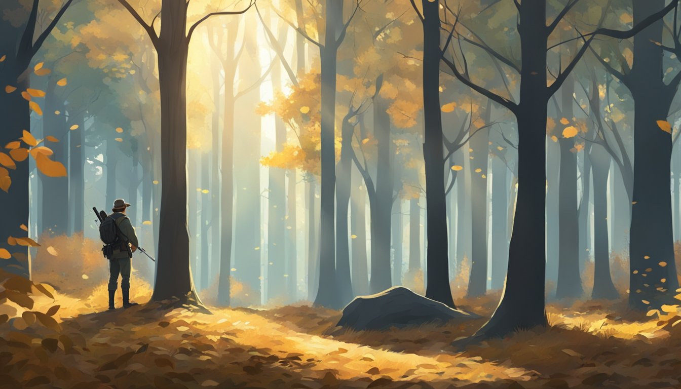 A hunter stands in a forest clearing, surrounded by tall trees and fallen leaves. The sun is shining through the branches, casting dappled light on the ground