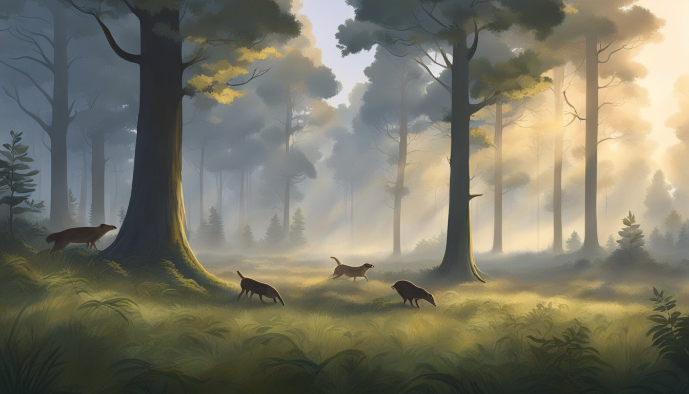 A forest clearing at dawn, with dew on the grass and mist rising from the ground. A group of weasels are visible in the distance, their sleek bodies blending into the underbrush