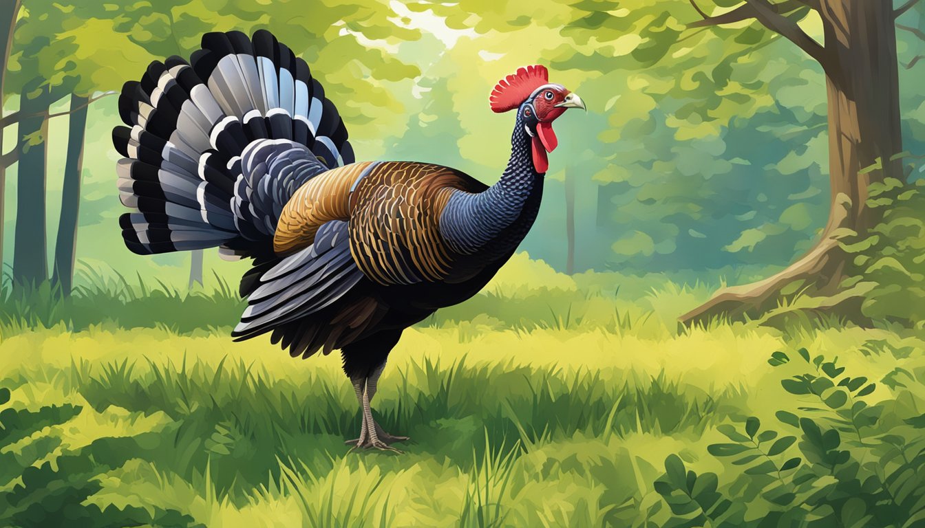 A sunny morning in a wooded area with a clear blue sky, where a wild turkey roams freely amidst the lush greenery