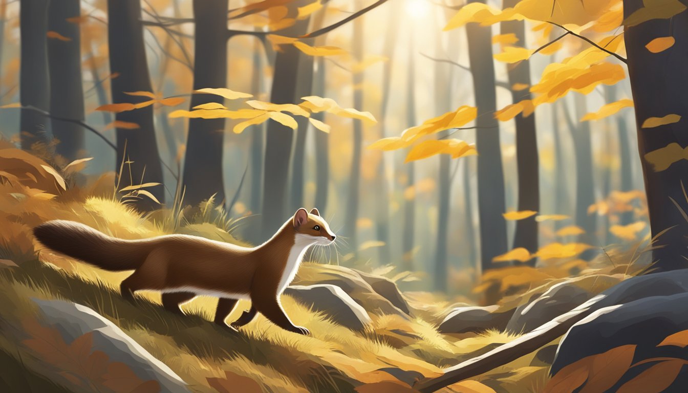 A weasel hunting in a forest clearing on a cool, crisp autumn morning with sunlight filtering through the trees