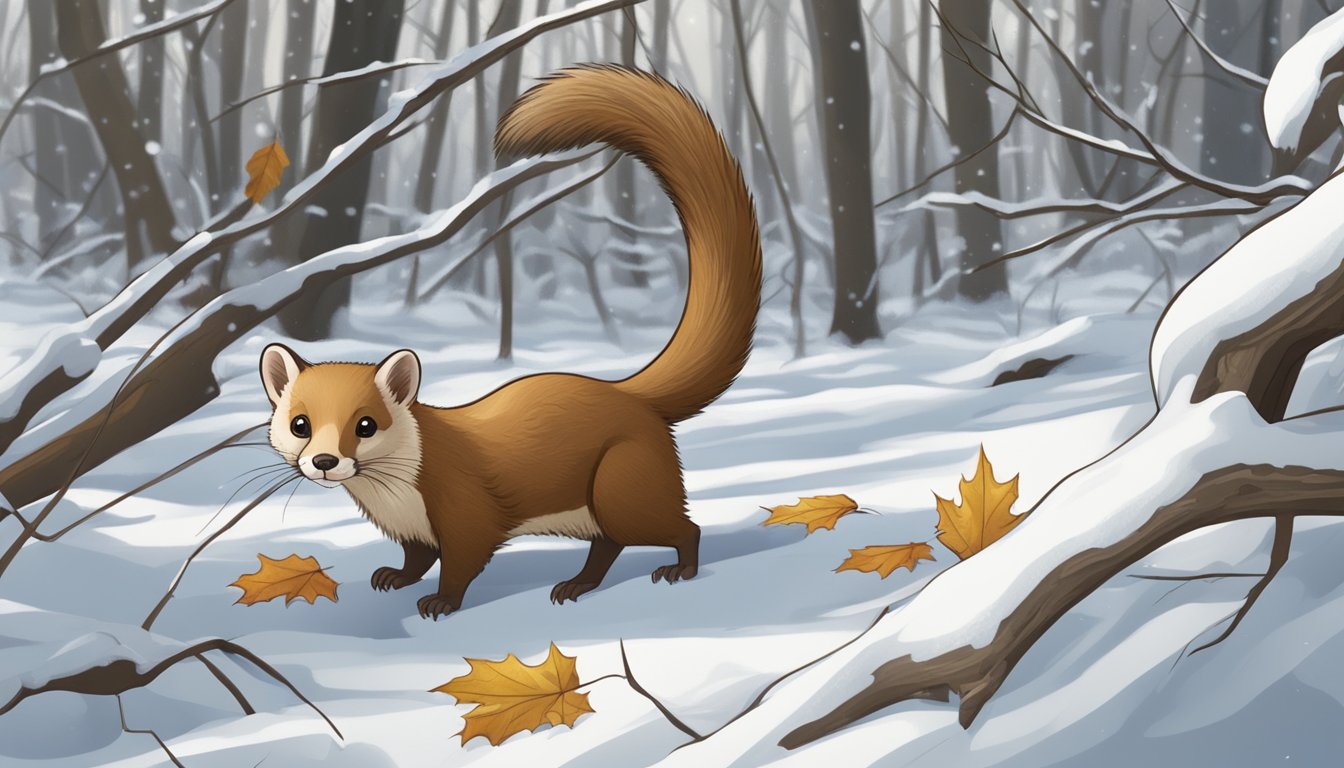 A weasel hunting in a snow-covered forest, with bare branches and fallen leaves on the ground