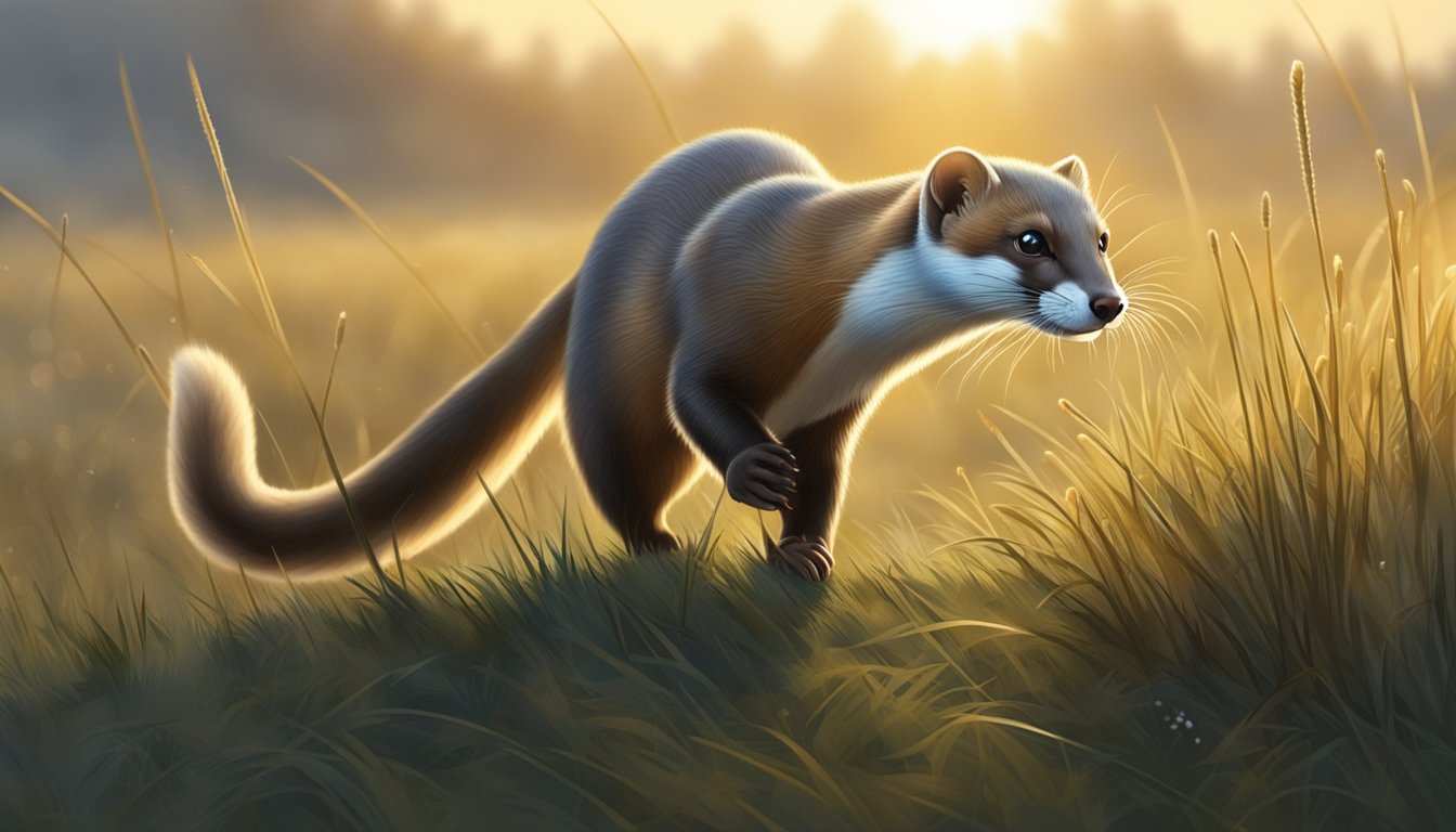 A weasel hunting in the cool, misty morning with dew-covered grass and the sun just beginning to rise over the horizon