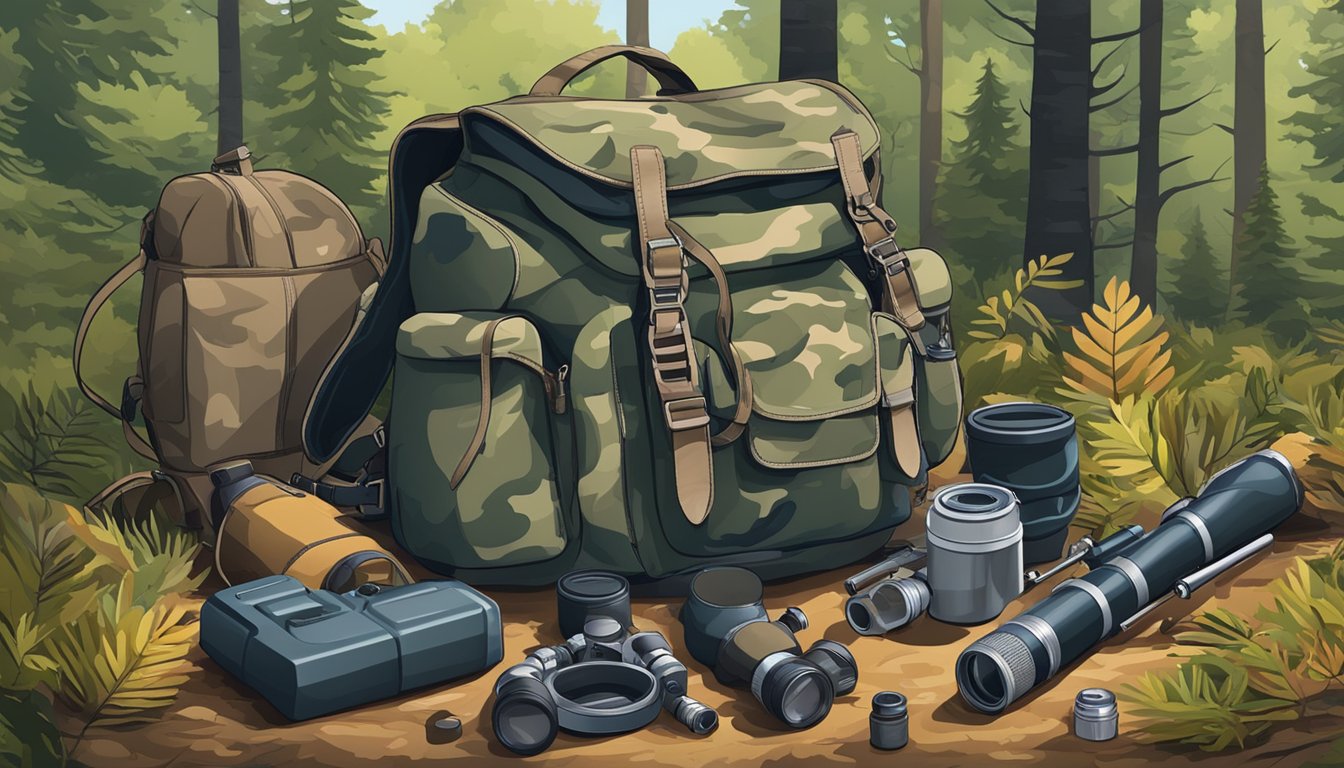 A hunter's backpack and gear laid out on a forest floor, with a rifle, camouflage clothing, and binoculars, under a clear blue sky