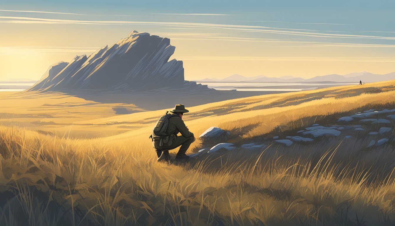 A hunter crouches near a burrow, studying tracks and weathered grass. The sky is clear, and the sun casts long shadows across the field