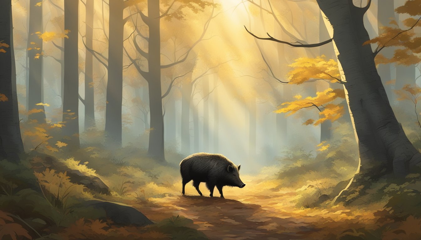 A misty forest clearing with fallen leaves, dappled sunlight, and a wild boar foraging in the underbrush