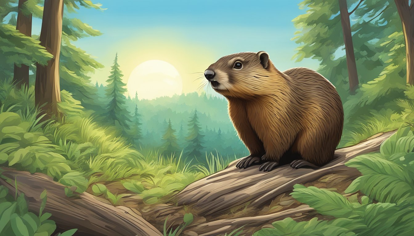 A tranquil forest with a woodchuck emerging from its burrow, surrounded by lush greenery and a clear blue sky