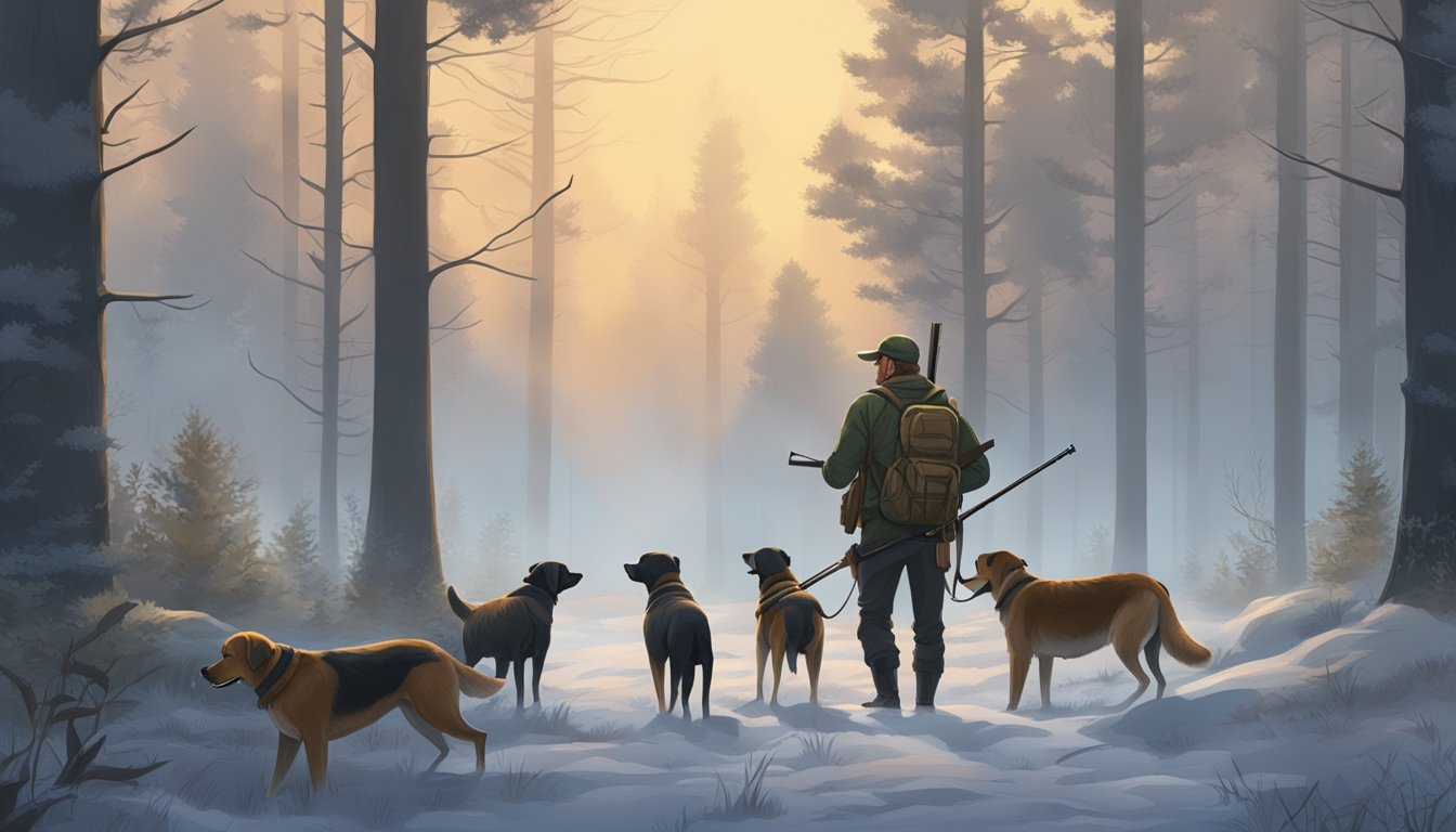 A misty forest clearing at dawn, with a hunter checking his gear and loading his rifle, surrounded by his loyal hunting dogs