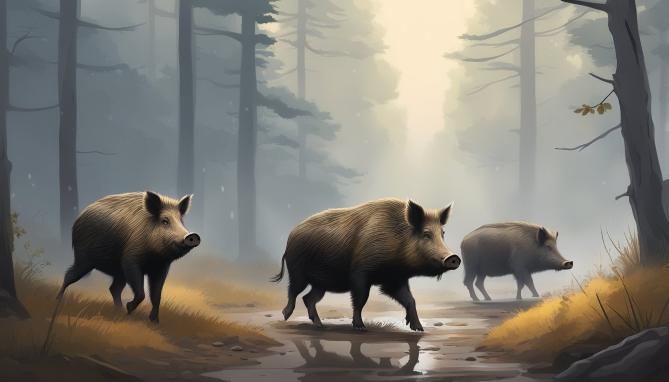 Wild boars foraging in a misty forest during a light rain, with mud and puddles on the ground