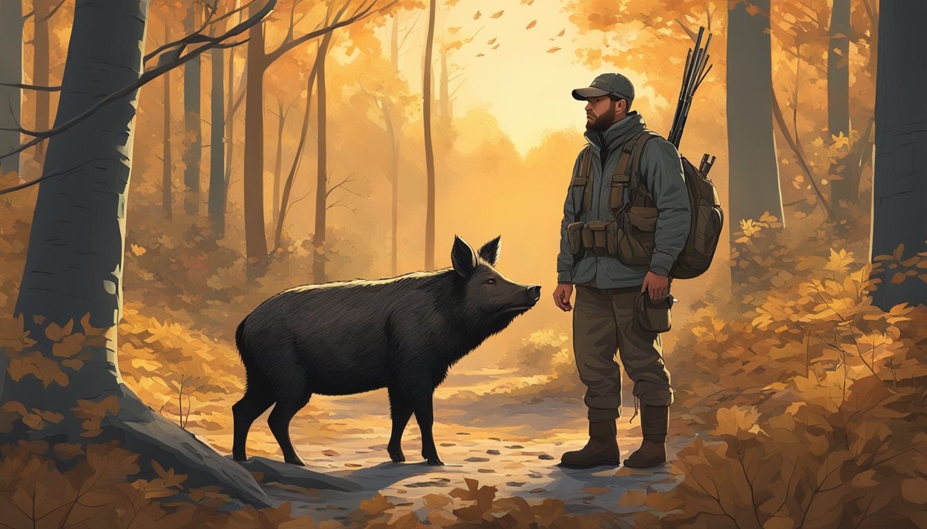 A hunter quietly waits in the forest, surrounded by dense foliage and fallen leaves. The sun begins to set, casting a warm glow over the landscape, as the perfect weather for wild boar hunting sets in