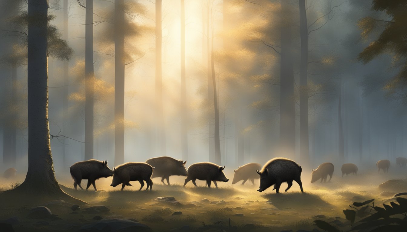 A misty forest clearing at dawn, with sunlight filtering through the trees and a group of wild boars foraging for food