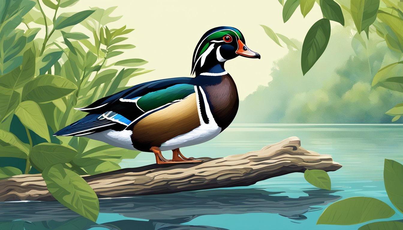 A wood duck perched on a branch, surrounded by calm water and lush foliage, under a clear blue sky