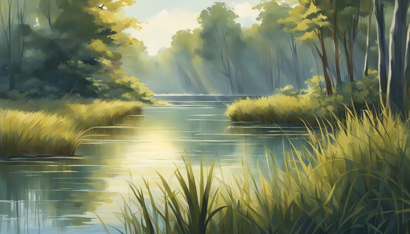 A tranquil marsh with tall grasses and scattered trees, dappled sunlight filtering through the foliage onto the water's surface