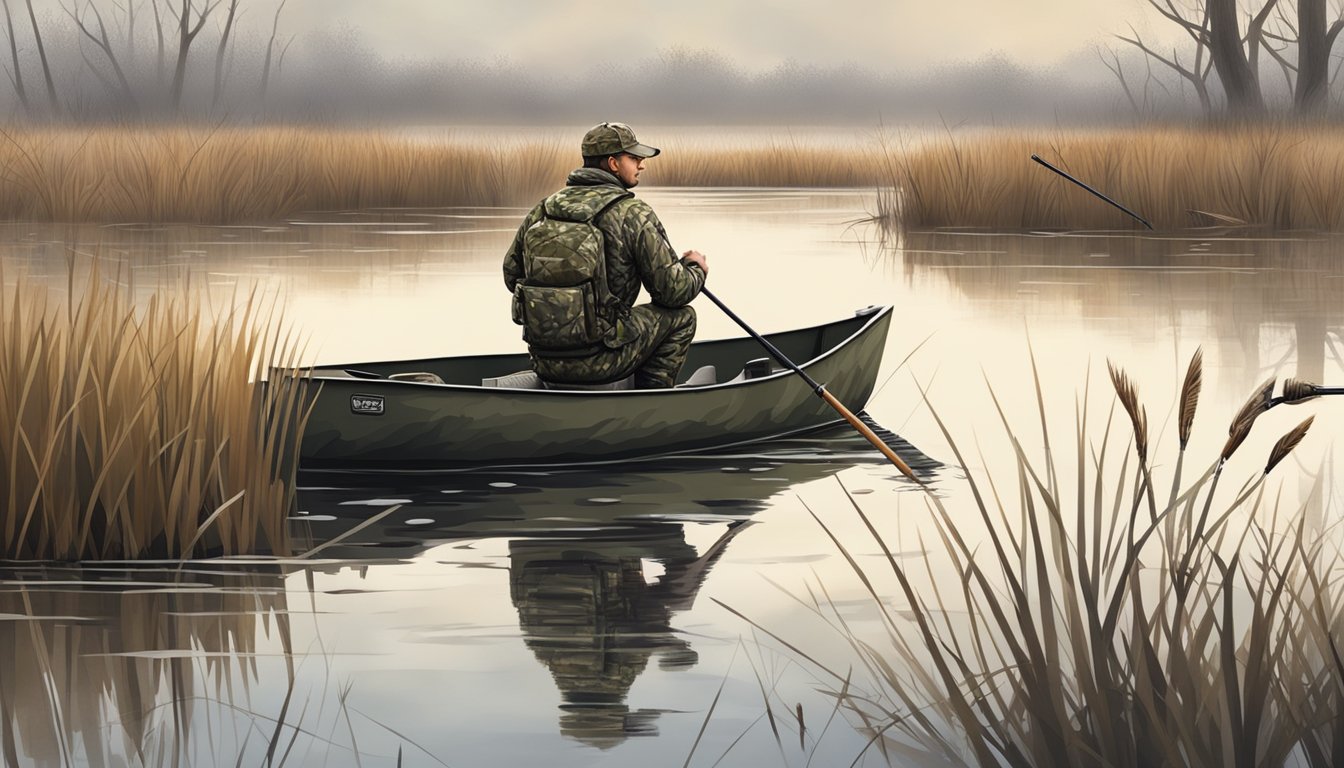 A hunter wearing camouflage waits in a duck blind on a calm, overcast morning, surrounded by a marshy wetland with scattered trees and grasses