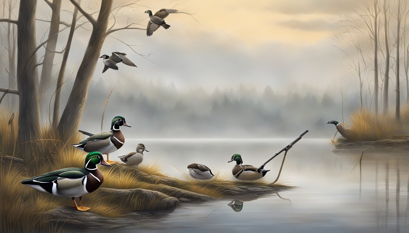 A wood duck hunting scene with a shotgun, decoys, camouflage gear, and a misty morning with a calm lake and overcast sky