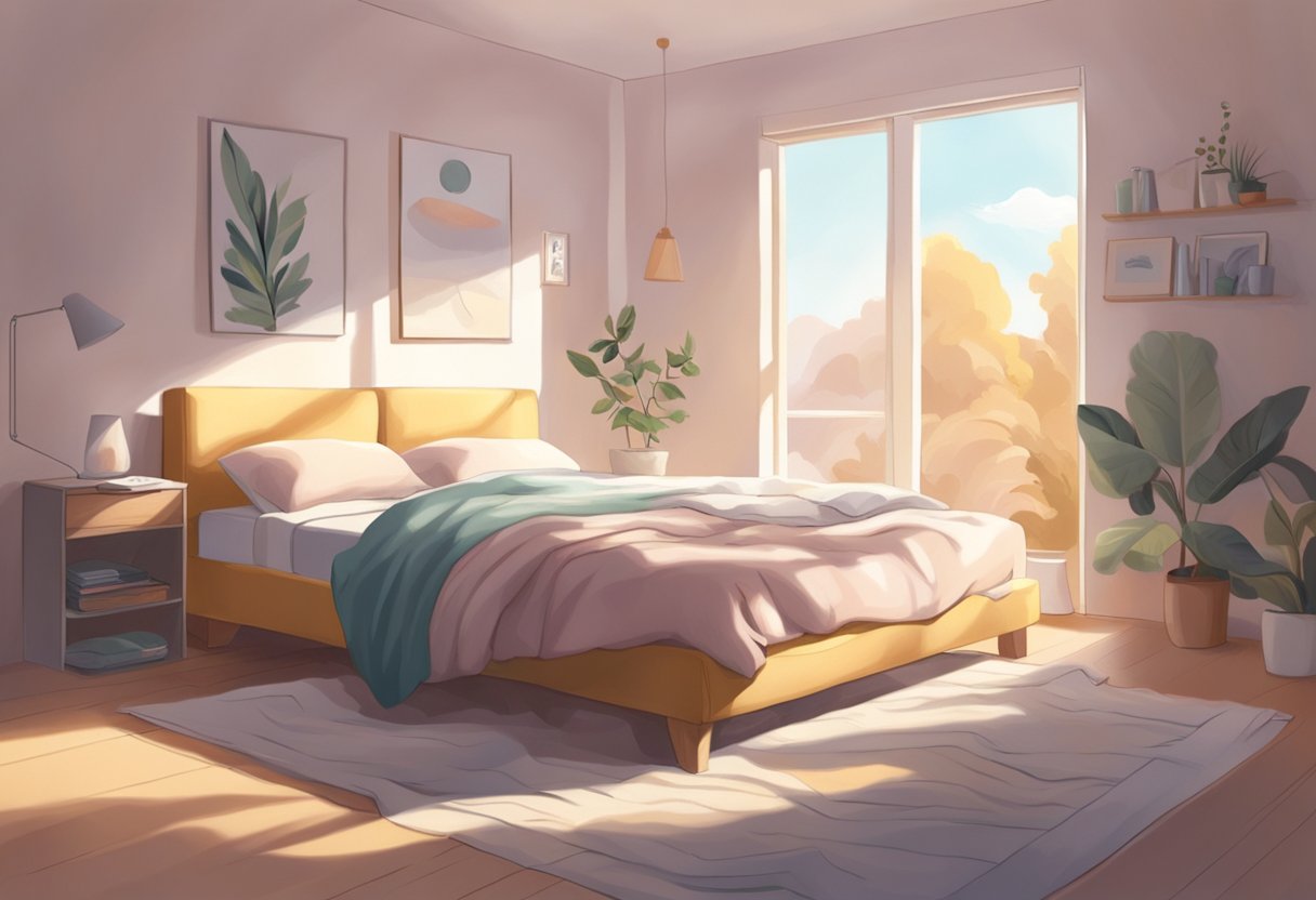 Une chambre paisible et ensoleillée avec un lit douillet et des couvertures douces aux couleurs pastel. Un sourire satisfait sur le visage d'un personnage endormi.