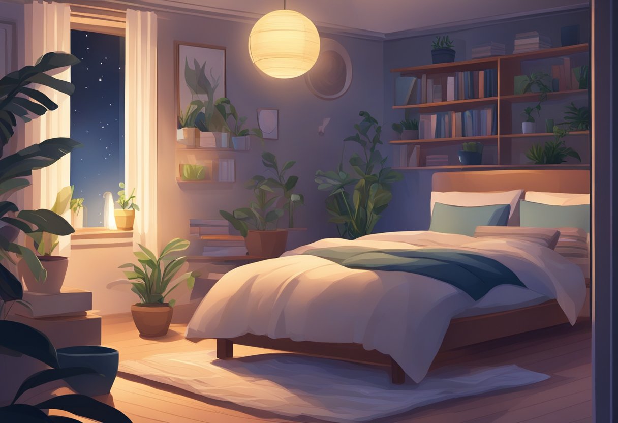 Une chambre sereine avec un lit confortable baigné d'une douce lumière de lune, entourée d'éléments tranquilles comme une bibliothèque, une plante en pot et une lampe de chevet lumineuse.