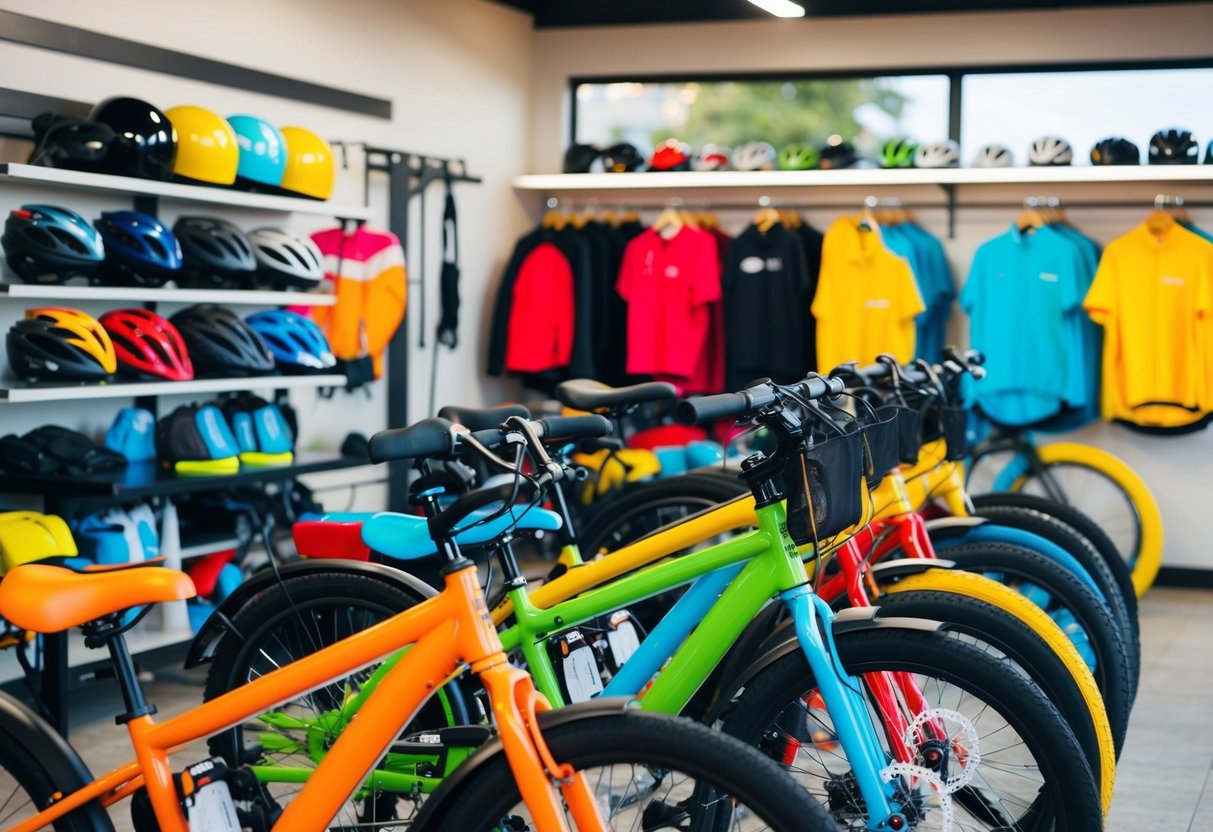 A bike rental shop with rows of colorful bikes, shelves of helmets, and a display of sun protection gear