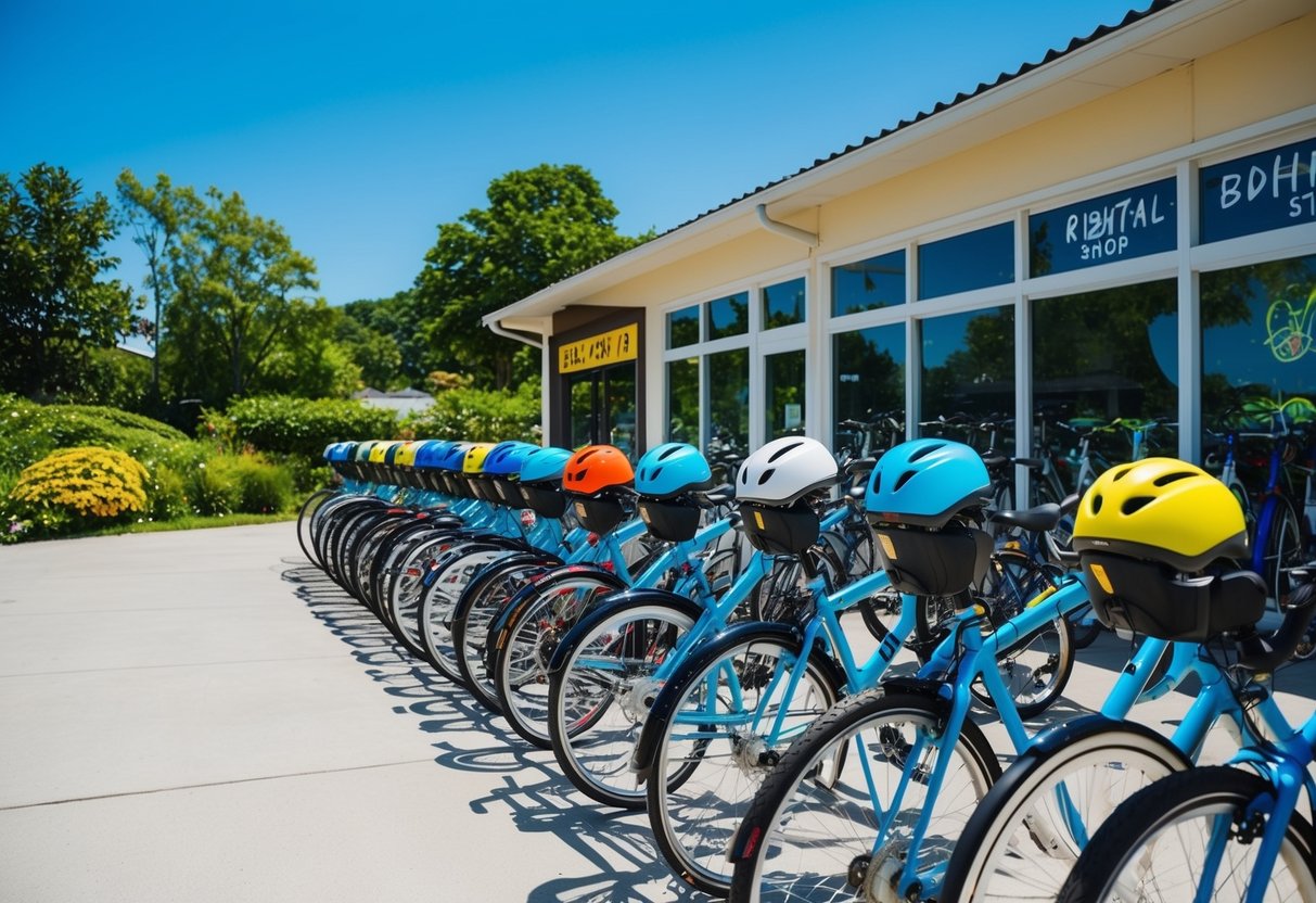 A bright, sunny day at a bike rental shop with rows of colorful helmets and bikes lined up, surrounded by lush greenery and a clear blue sky